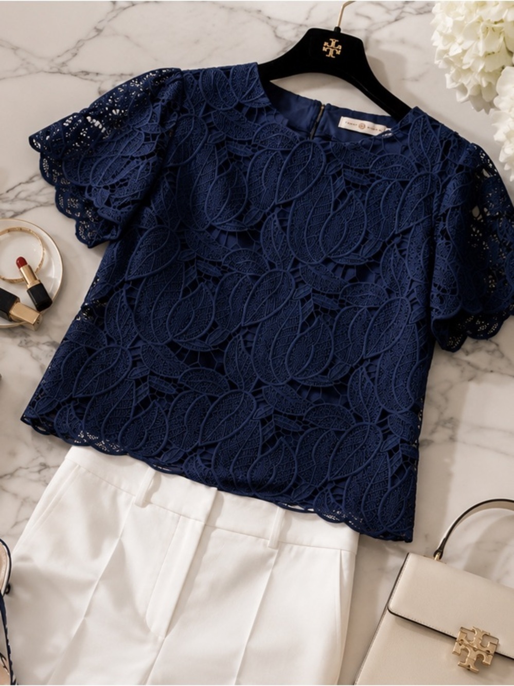 Tory Burch Women's Lace Short Sleeve Navy Top Blouse, Size 4